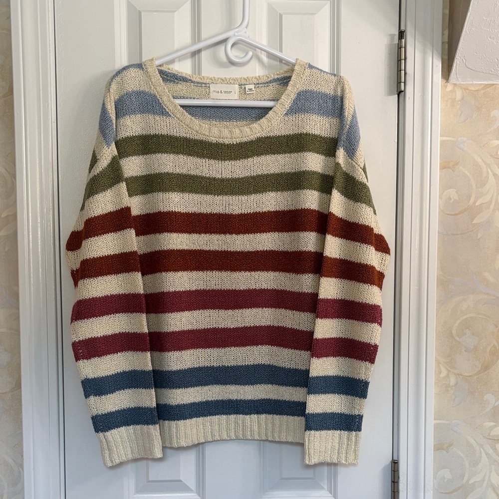 Mia and Tess Striped Multicolor Acrylic Sweater with Beige Alternate Stripe. EUC